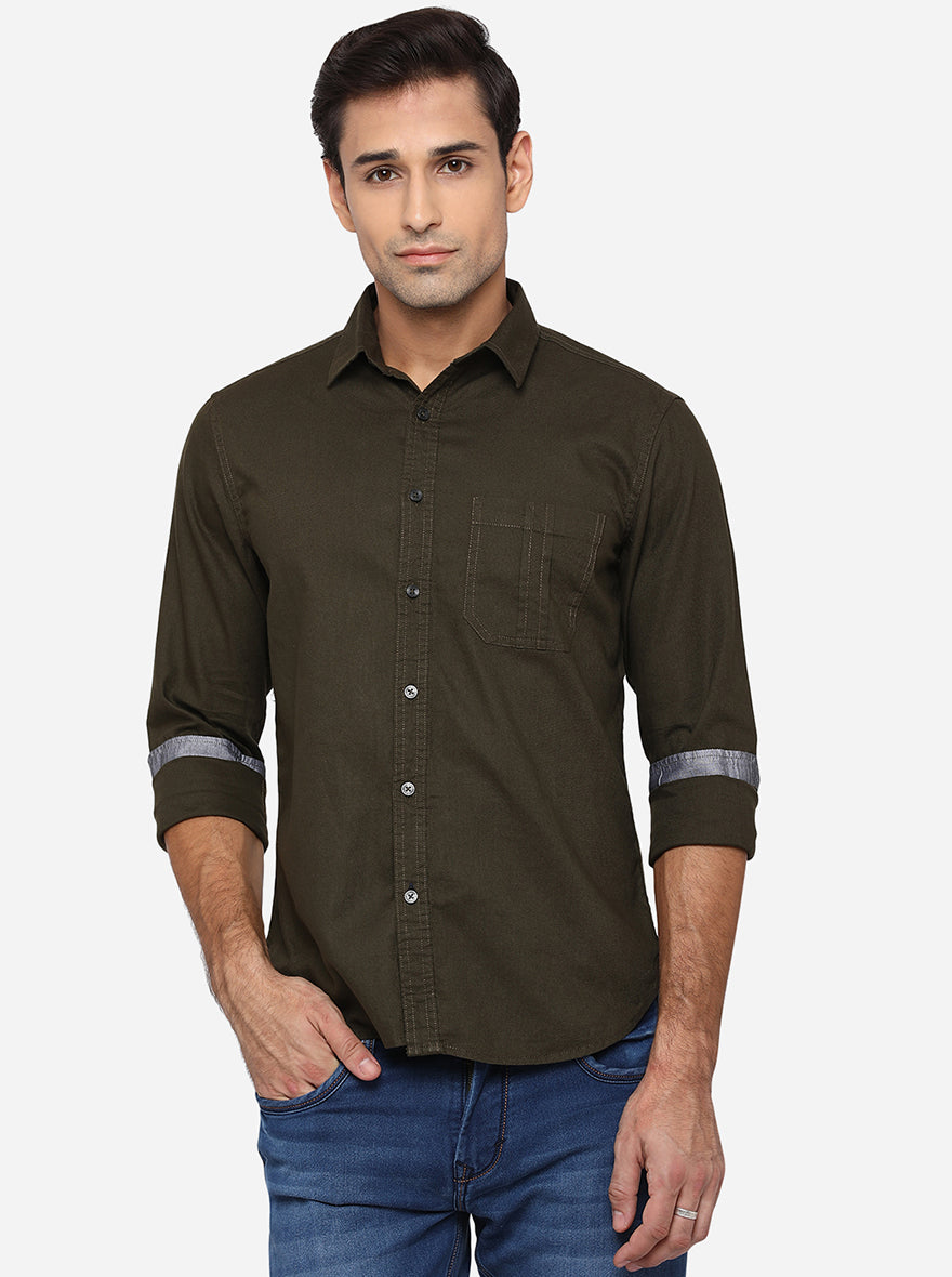 Dark Green Solid Slim Fit Semi Casual Shirt | Greenfibre
