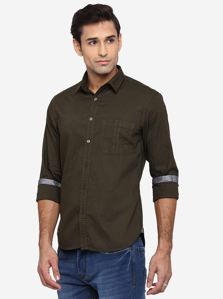 Dark Green Solid Slim Fit Semi Casual Shirt | Greenfibre