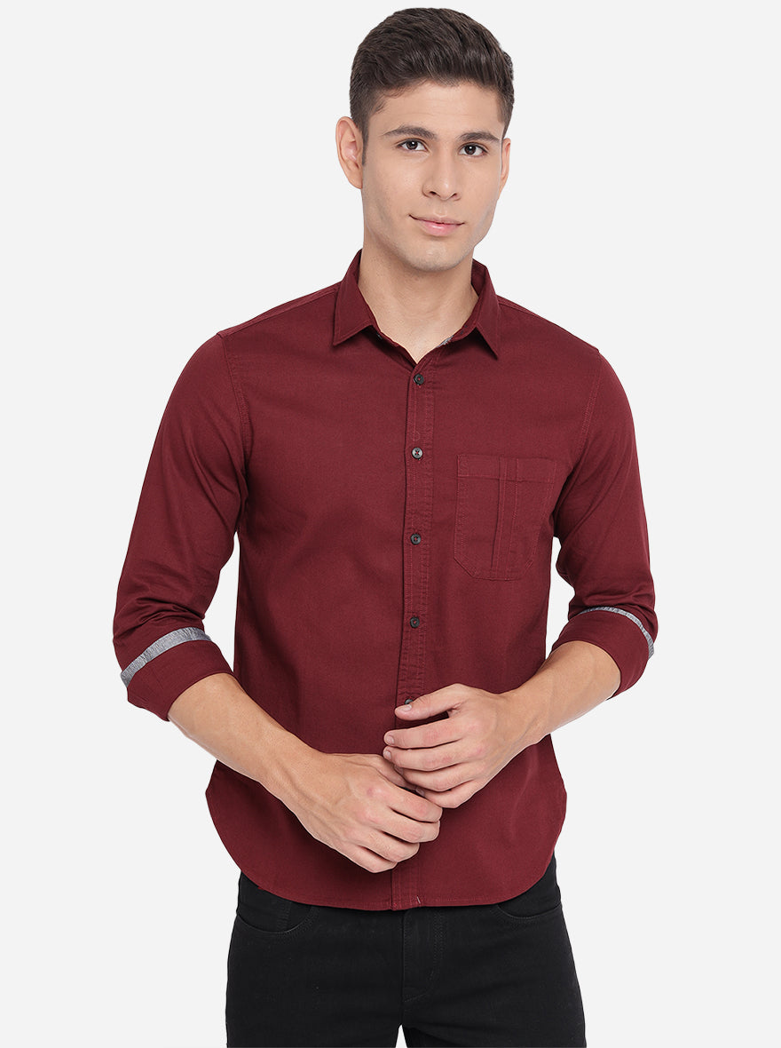 Maroon Solid Slim Fit Semi Casual Shirt | Greenfibre