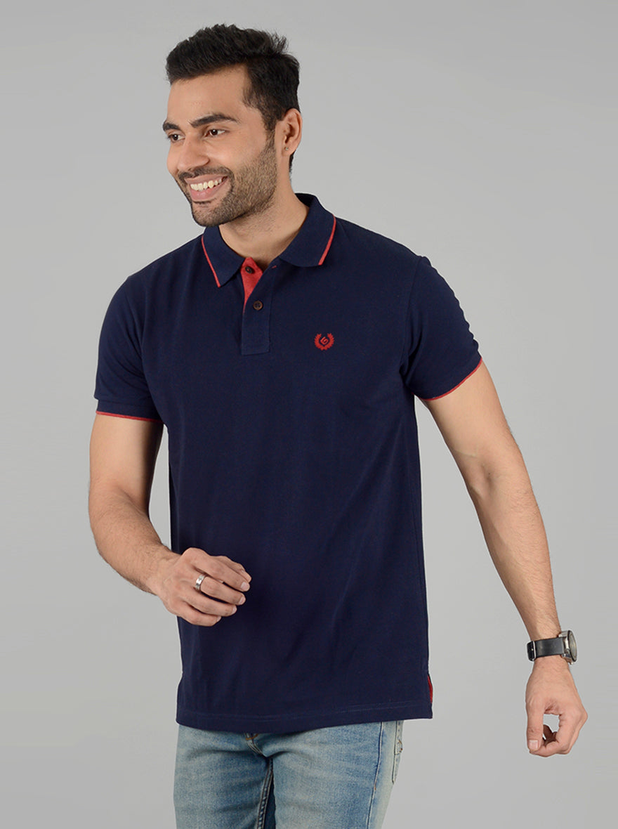 Dark Blue Solid Slim Fit Polo T-Shirt | Greenfibre