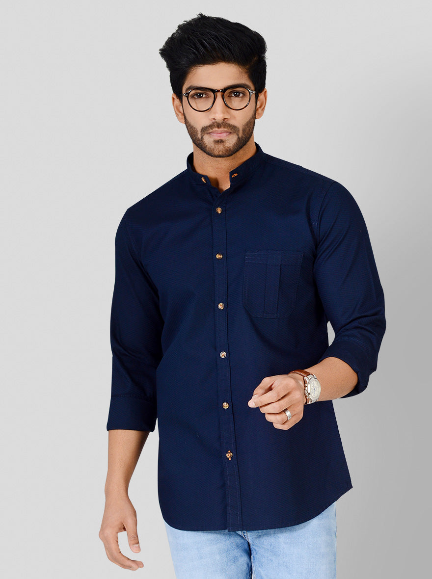 Navy Blue Self Textured Slim Fit Casual Shirt | JadeBlue