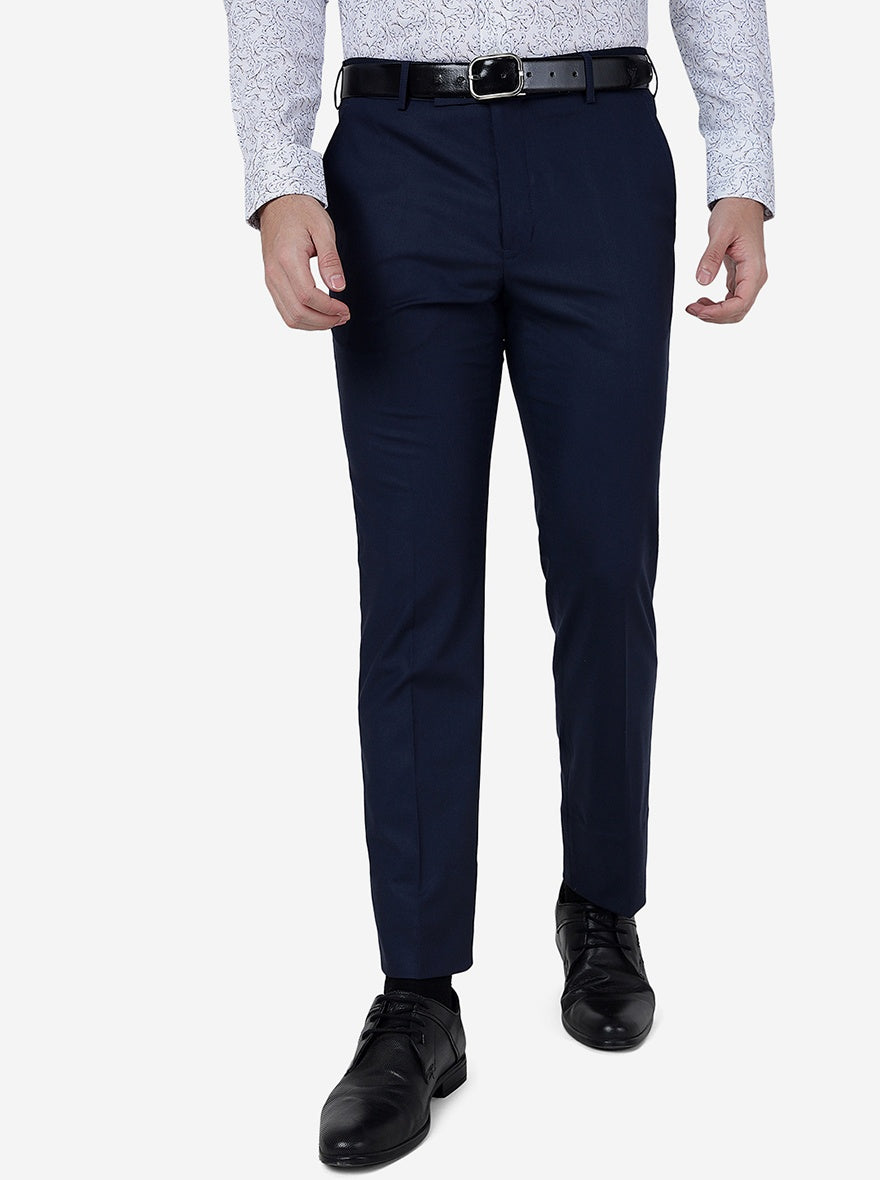 Navy Blue Solid Slim Fit Formal Trouser | Metal