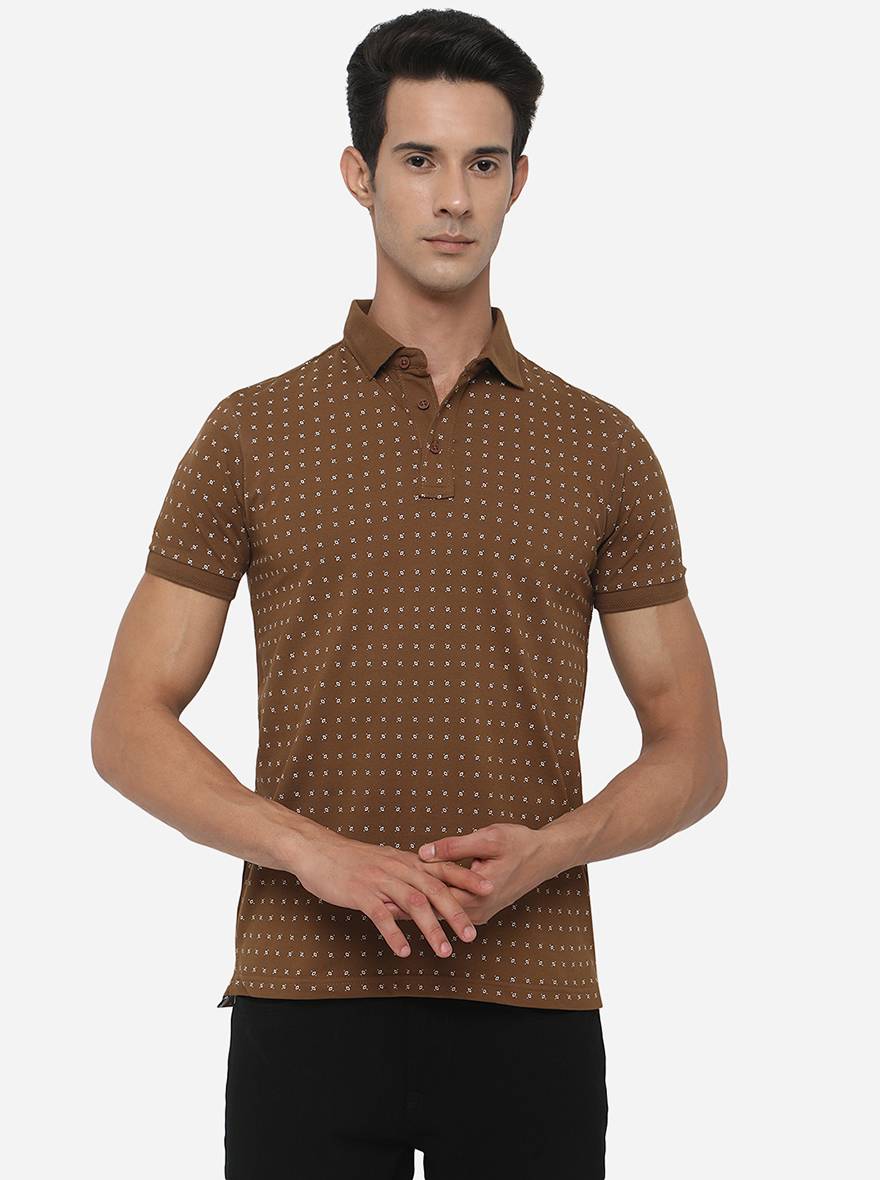 Brown Printed Slim Fit Polo T-Shirt | JadeBlue