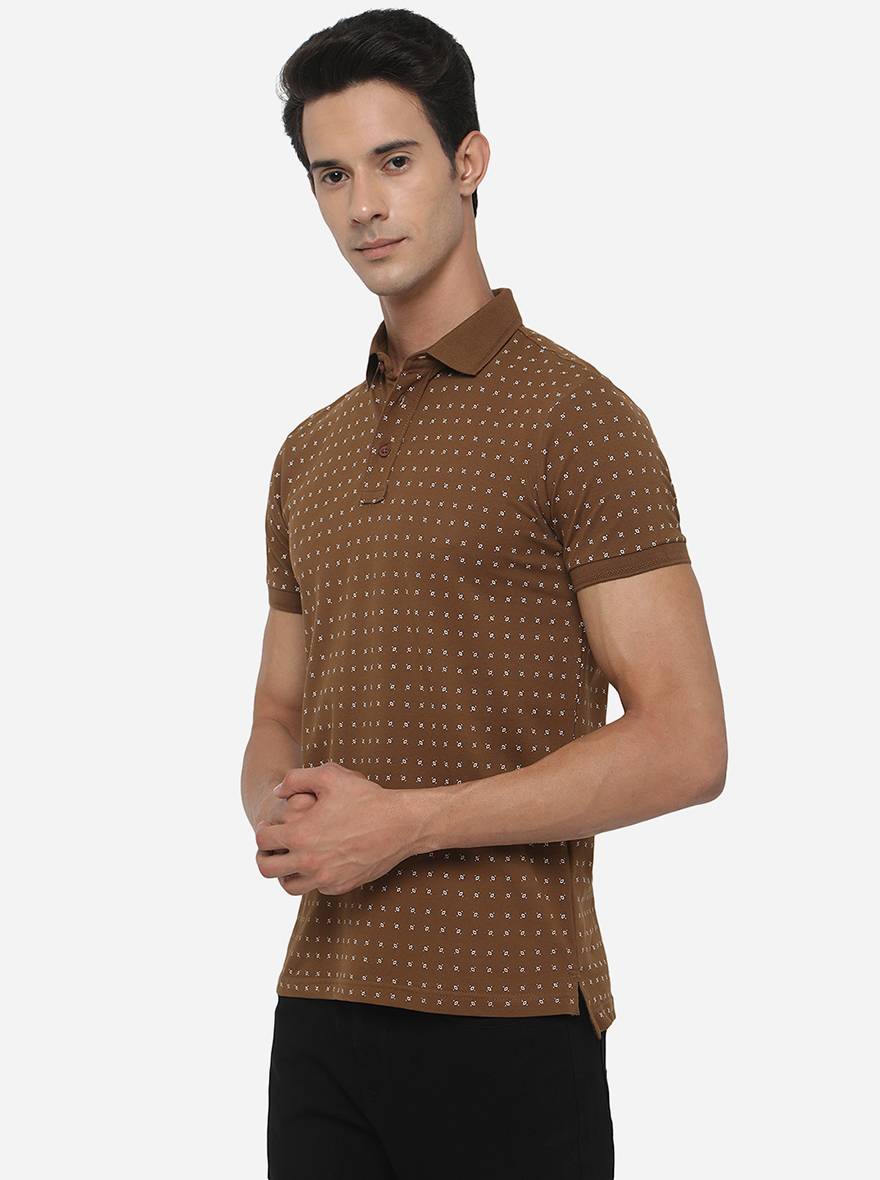 Brown Printed Slim Fit Polo T-Shirt | JadeBlue