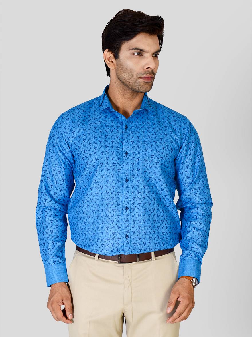 Cobalt Blue Printed Slim Fit Party Wear Shirt | Greenfibre