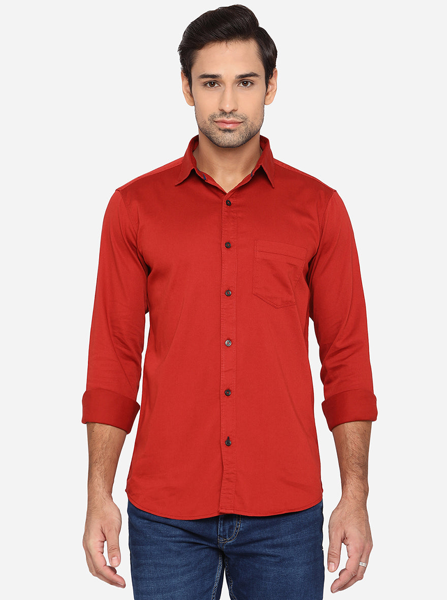 Red Solid Slim Fit Semi Casual Shirt | JadeBlue