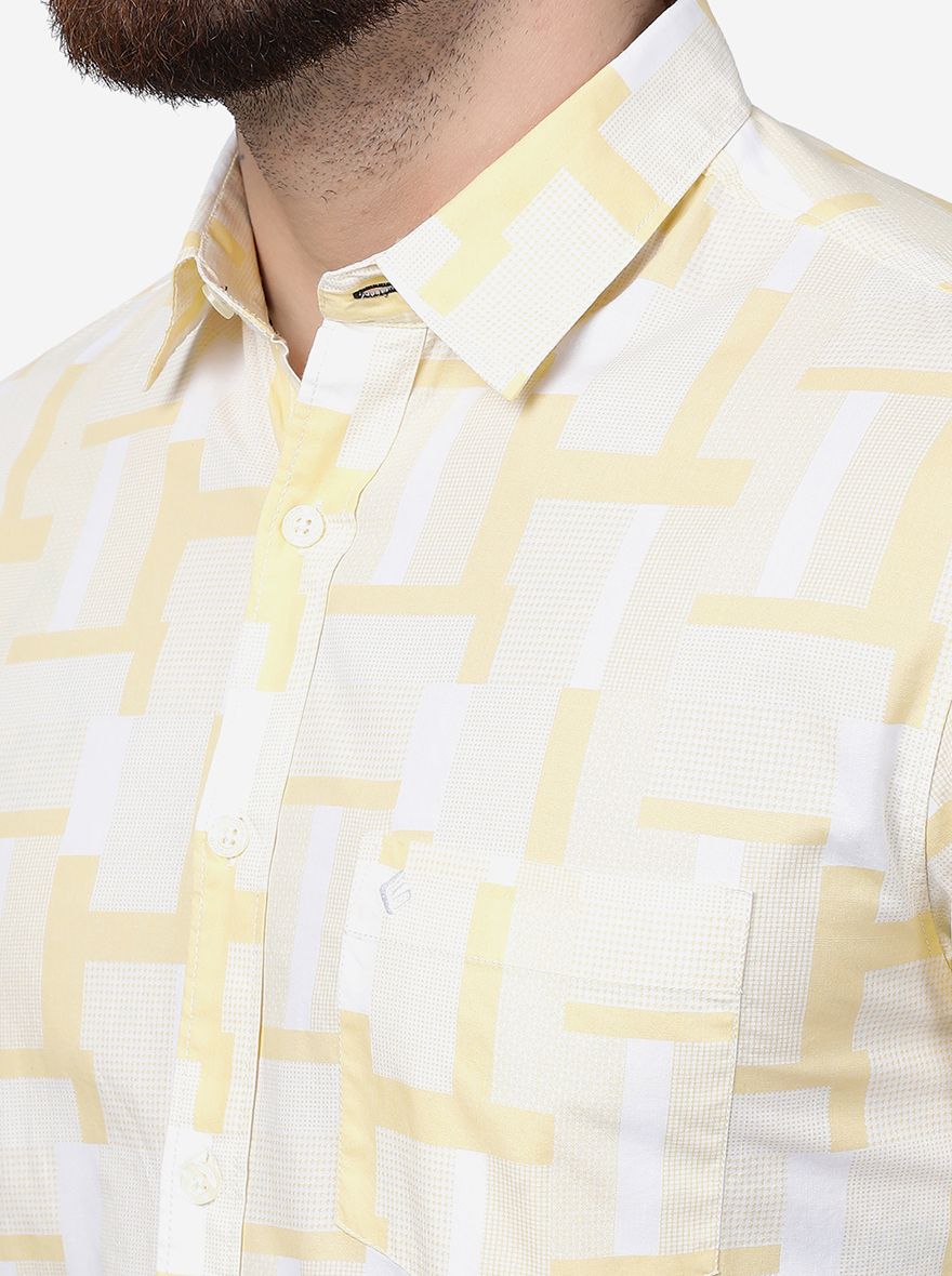 Haze Yellow Printed Slim Fit Casual Shirt | Greenfibre