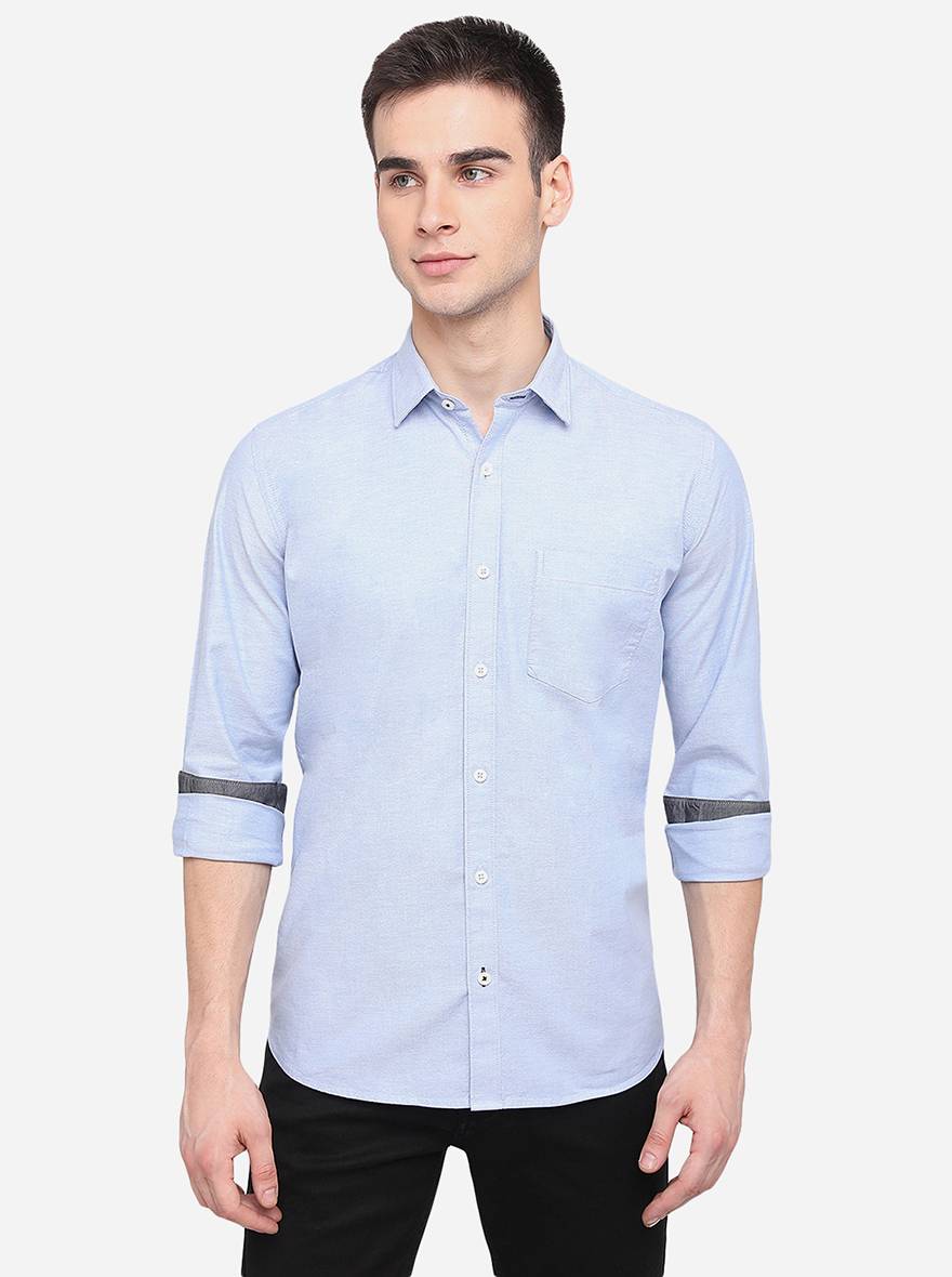 Light Blue Solid Slim Fit Semi Casual Shirt | Greenfibre