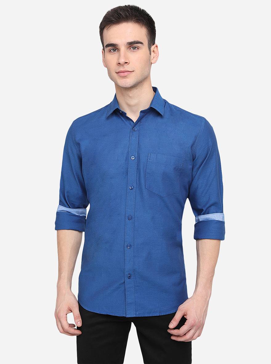 Deep Blue Solid Slim Fit Semi Casual Shirt | JadeBlue