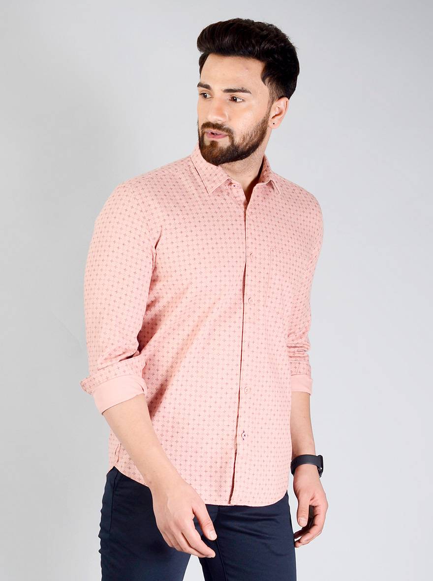 Dusty Pink Printed Slim Fit Casual Shirt | JadeBlue