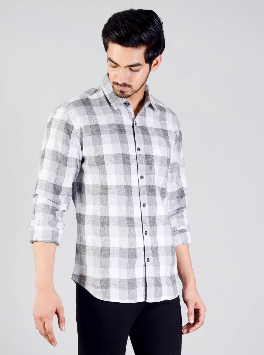 Grey & White Checked Slim Fit Casual Shirt | Greenfibre