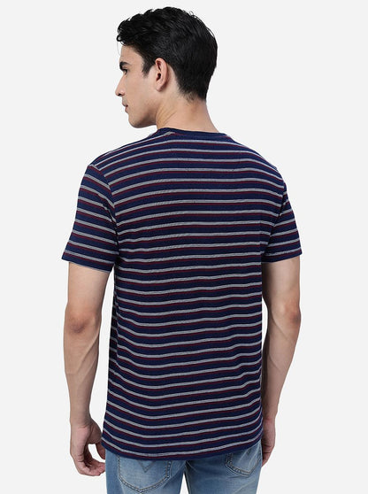 Blue & Maroon Striped Slim Fit T-Shirt | JadeBlue