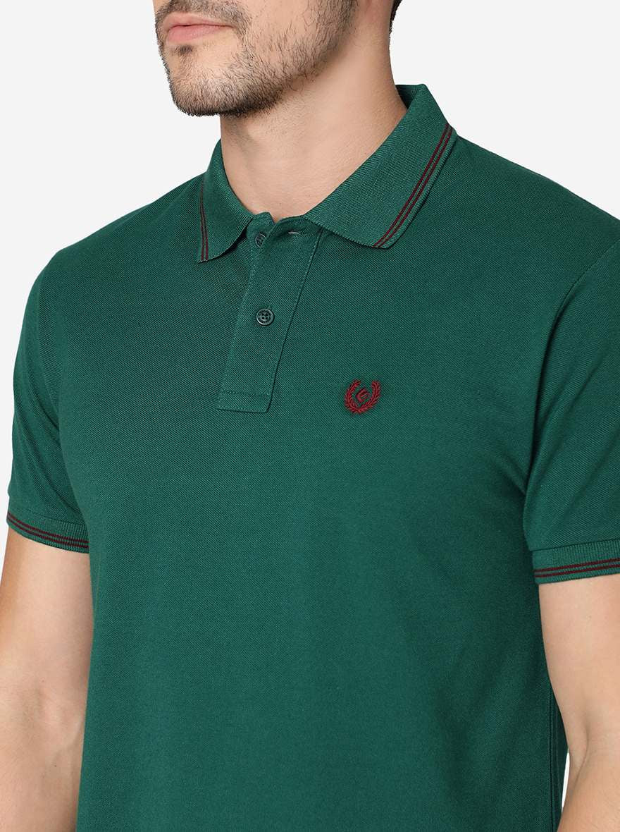 Dark Green Solid Slim Fit Polo T-Shirt | Greenfibre