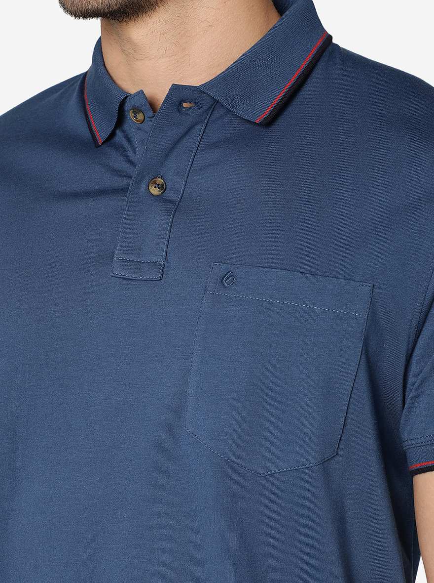 Blue Solid Slim Fit Polo T-Shirt | Greenfibre