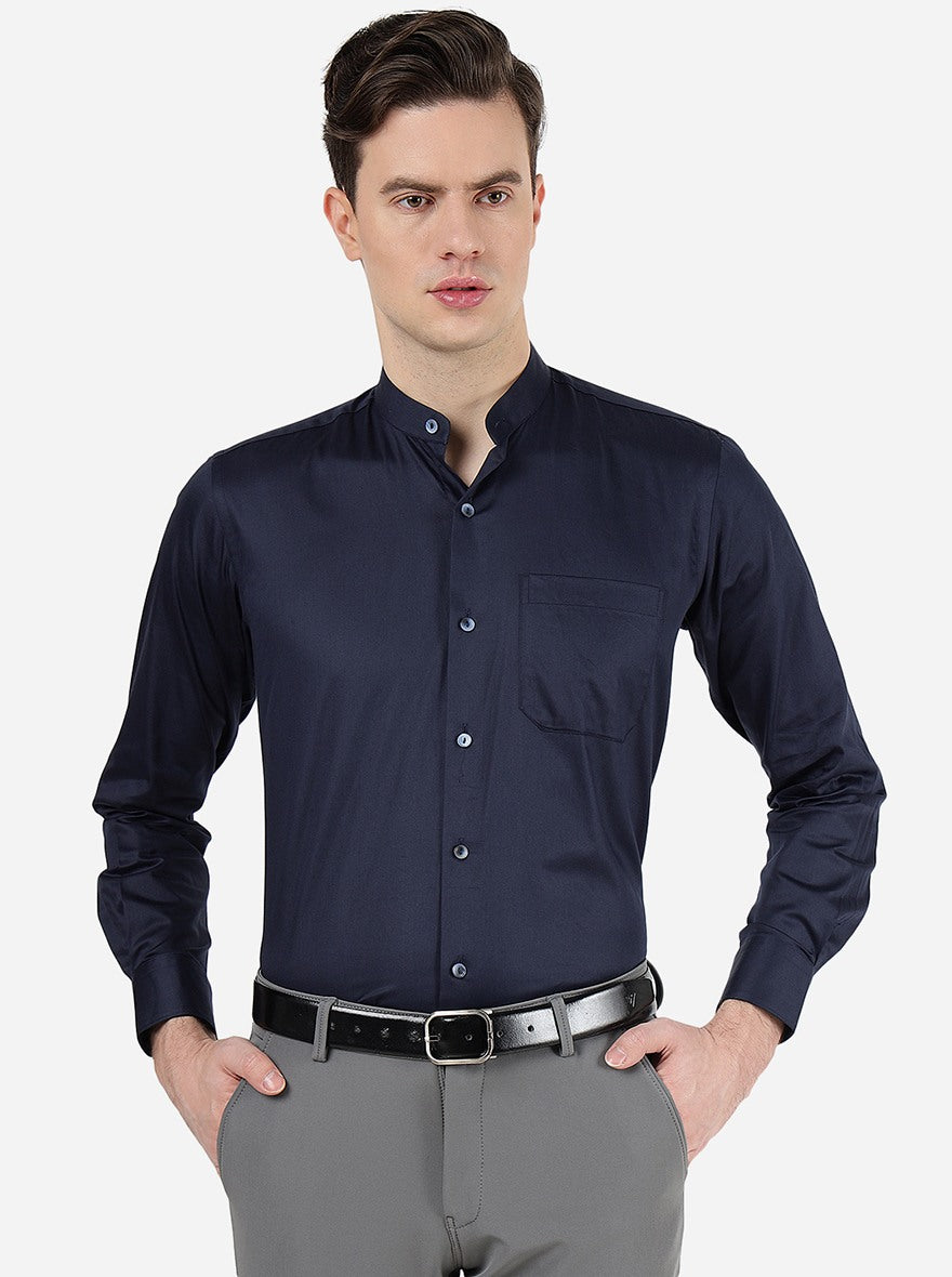 Navy Blue Solid Slim Fit Formal Shirt | Metal