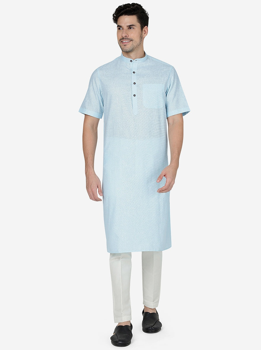 Light Blue Checked Regular Fit Modi Kurta | JadeBlue