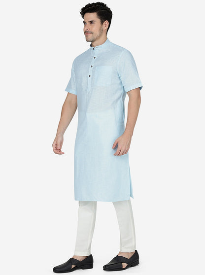 Light Blue Checked Regular Fit Modi Kurta | JadeBlue