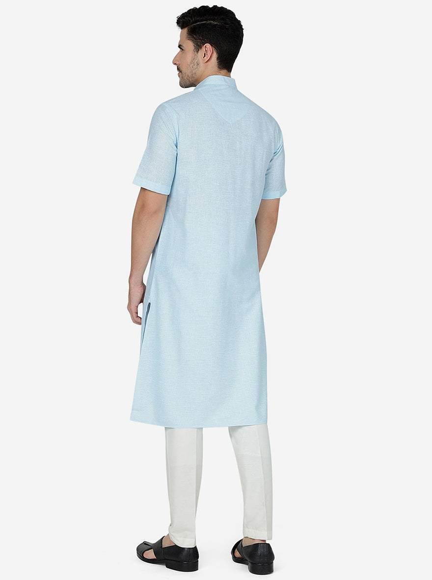Light Blue Checked Regular Fit Modi Kurta | JadeBlue