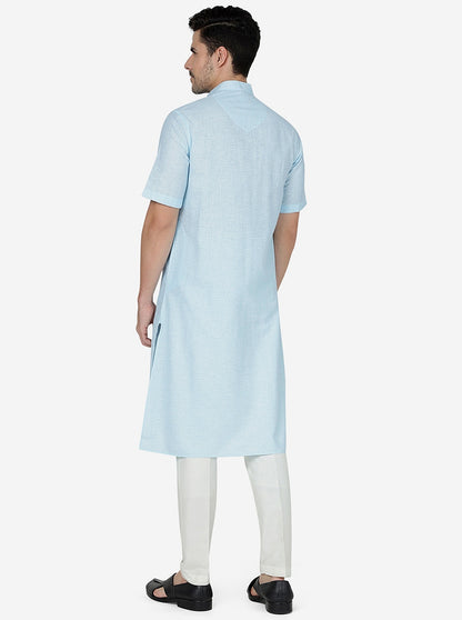 Light Blue Checked Regular Fit Modi Kurta | JadeBlue