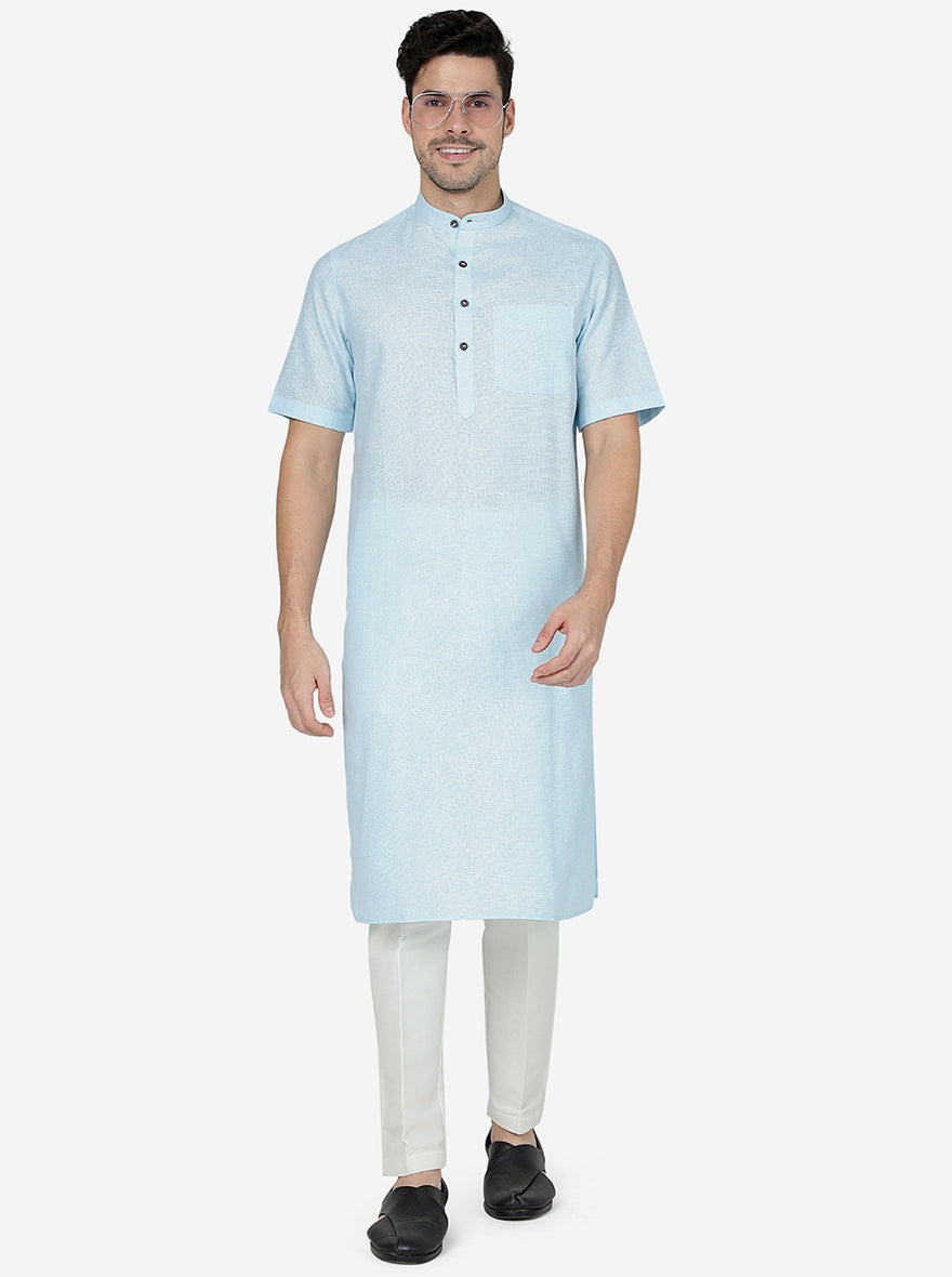Light Blue Checked Regular Fit Modi Kurta | JadeBlue