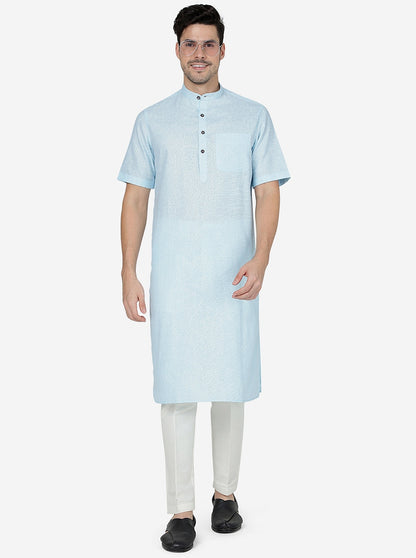 Light Blue Checked Regular Fit Modi Kurta | JadeBlue