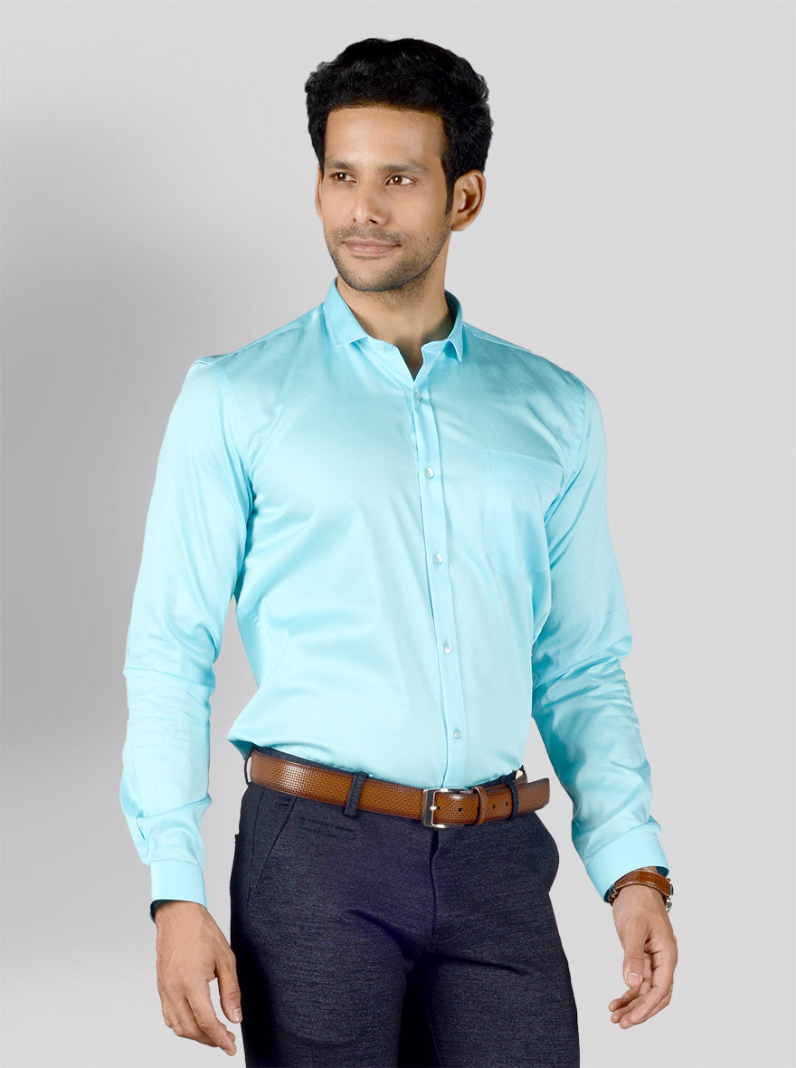Sky Blue Solid Slim Fit Party Wear Shirt | Greenfibre