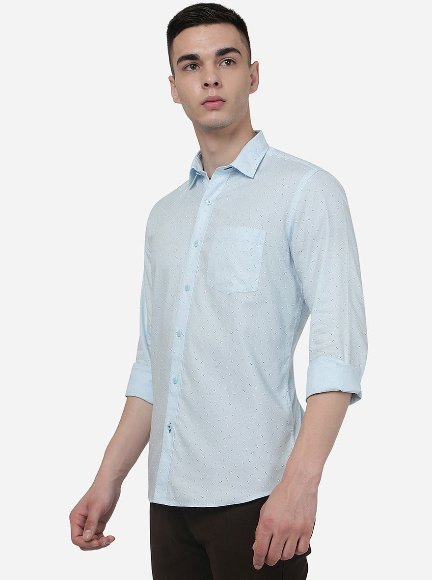 Blue Printed Slim Fit Semi Casual Shirt