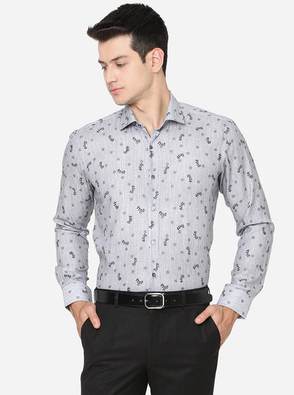Grey & Black Printed Slim Fit Party Wear Shirt | JB Studio