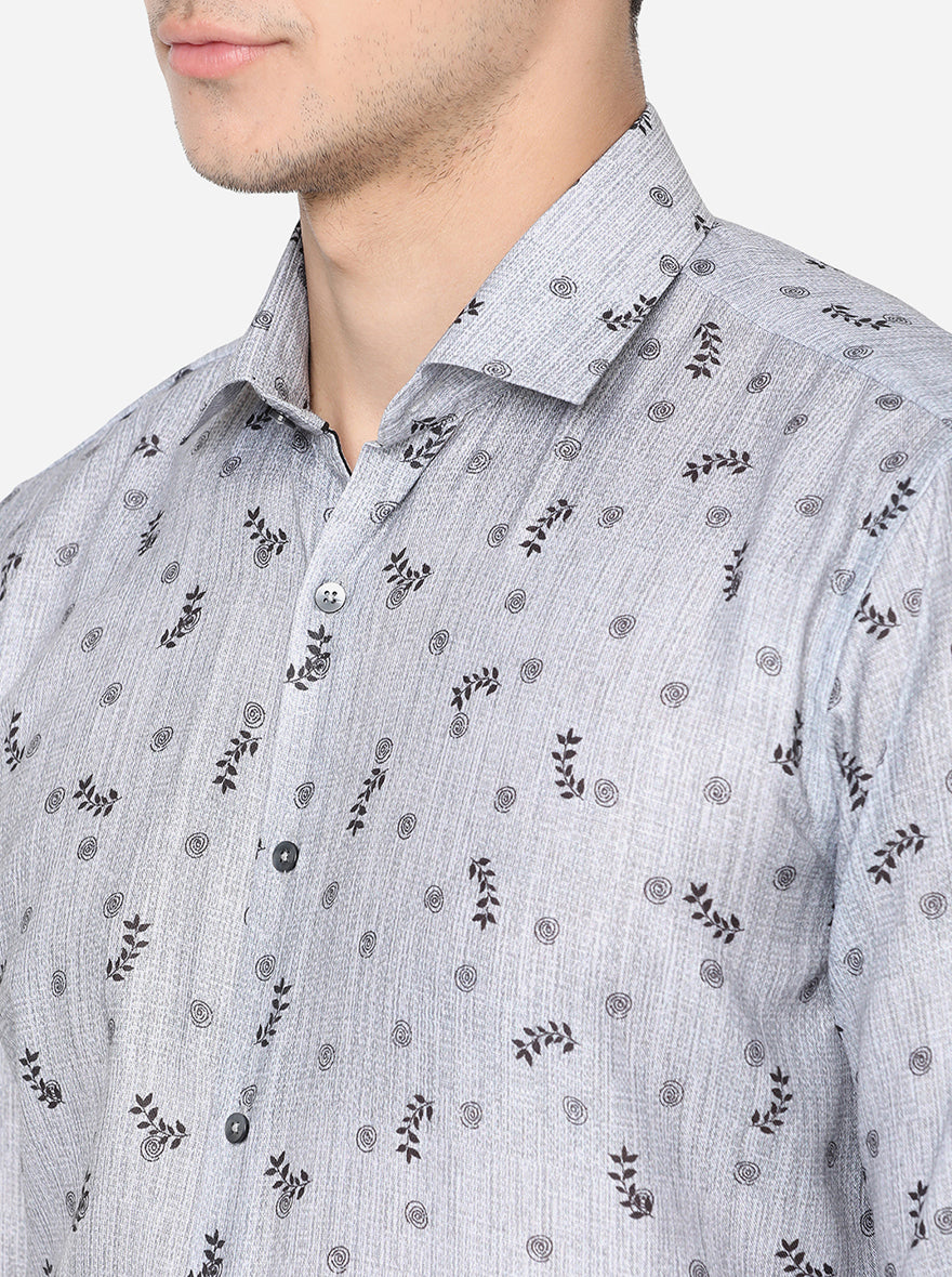 Grey & Black Printed Slim Fit Party Wear Shirt | JB Studio