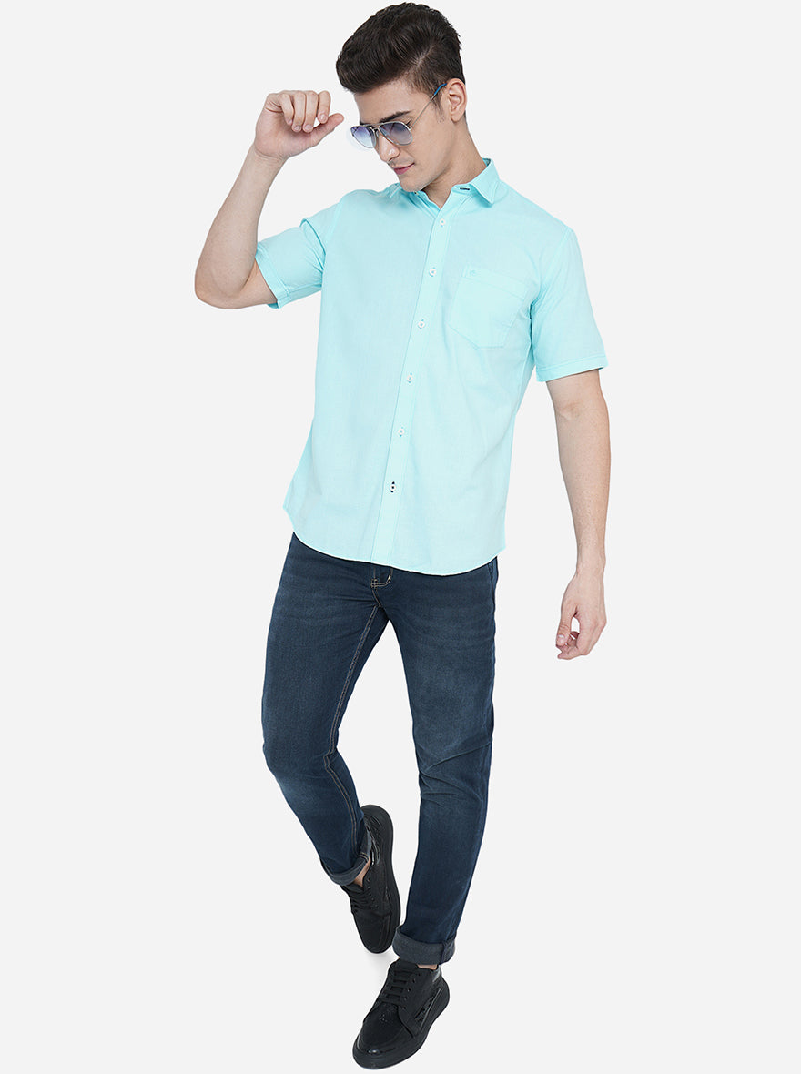 Angel Blue Solid Slim Fit Casual Shirt | Greenfibre