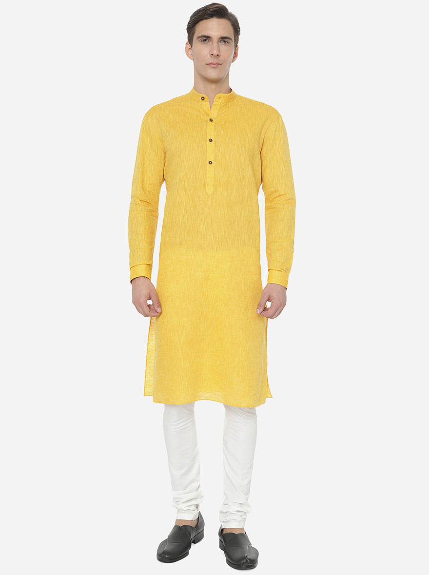 Sunshine Yellow Self Textured Regular Fit Modi Kurta | JadeBlue