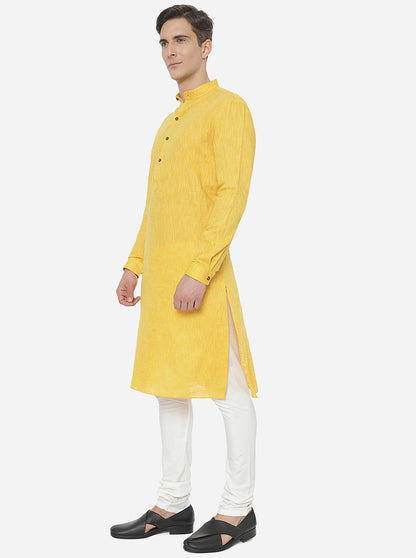 Sunshine Yellow Self Textured Regular Fit Modi Kurta | JadeBlue