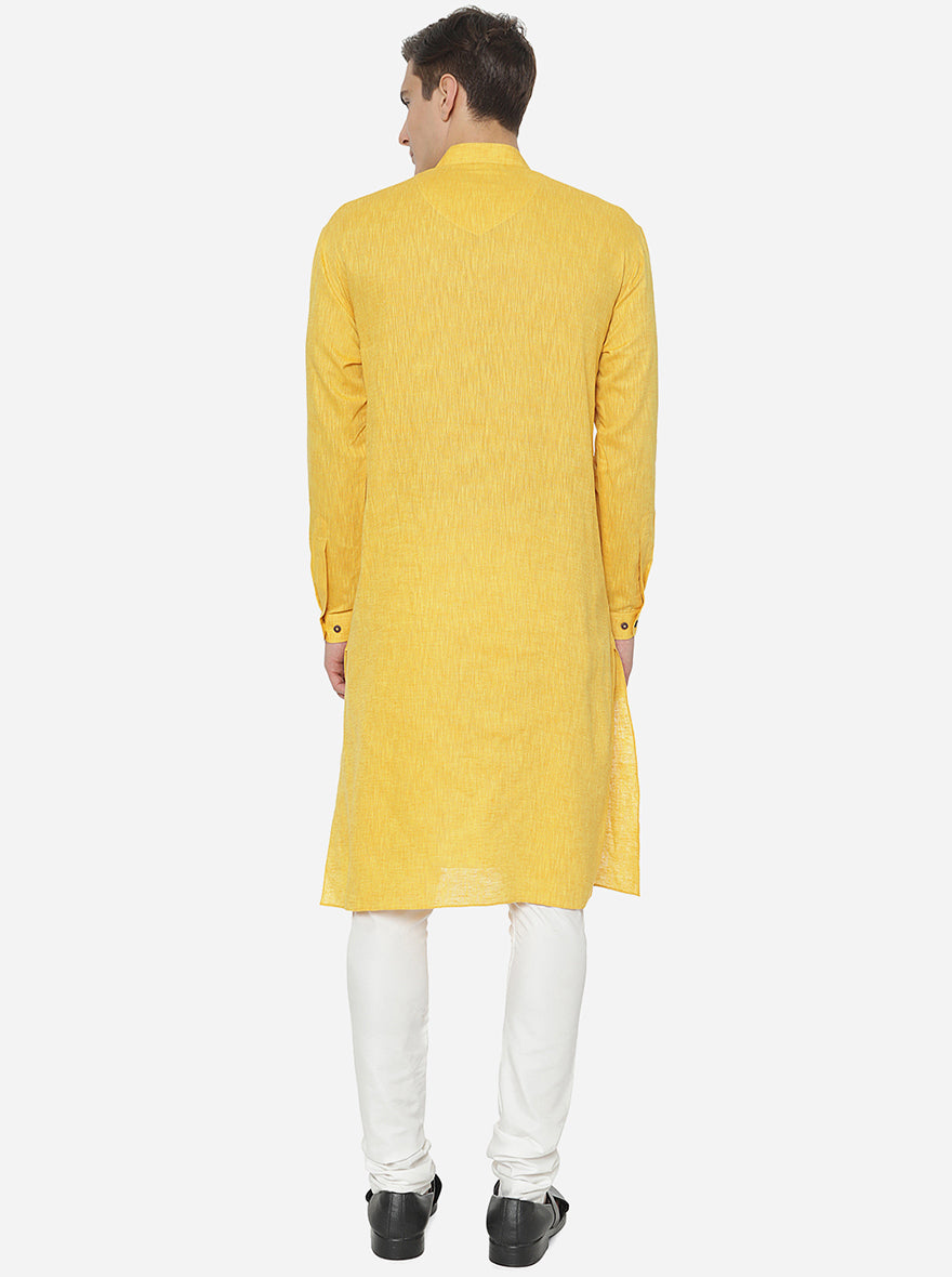 Sunshine Yellow Self Textured Regular Fit Modi Kurta | JadeBlue