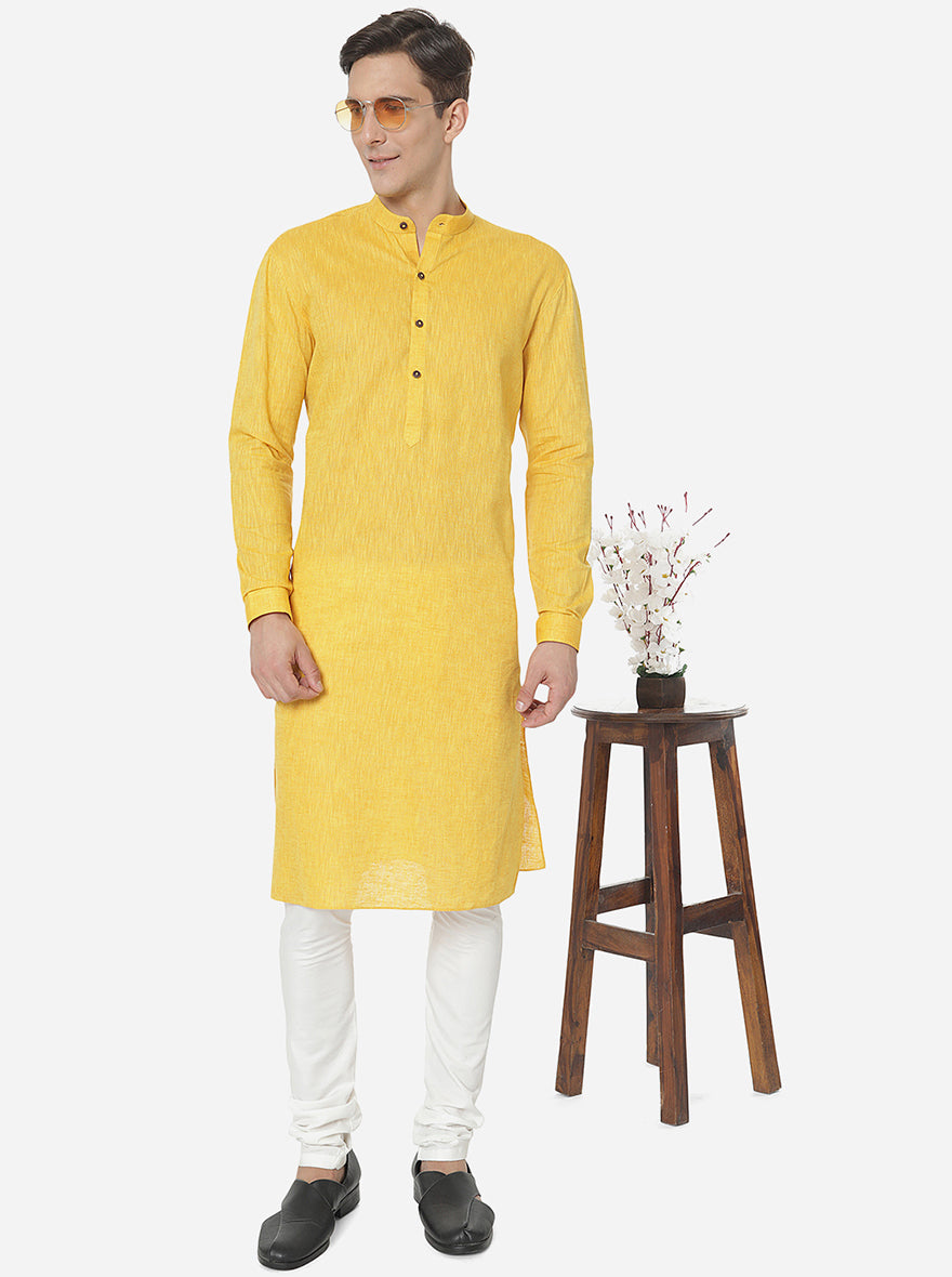 Sunshine Yellow Self Textured Regular Fit Modi Kurta | JadeBlue