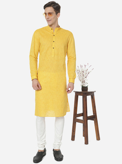 Sunshine Yellow Self Textured Regular Fit Modi Kurta | JadeBlue