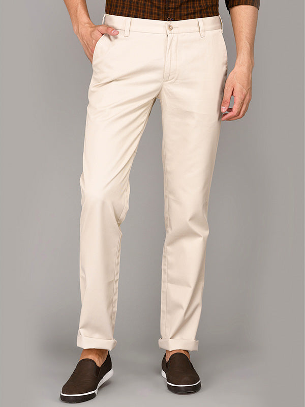 Greenfibre Beige Self Textured Slim Fit Casual Trouser