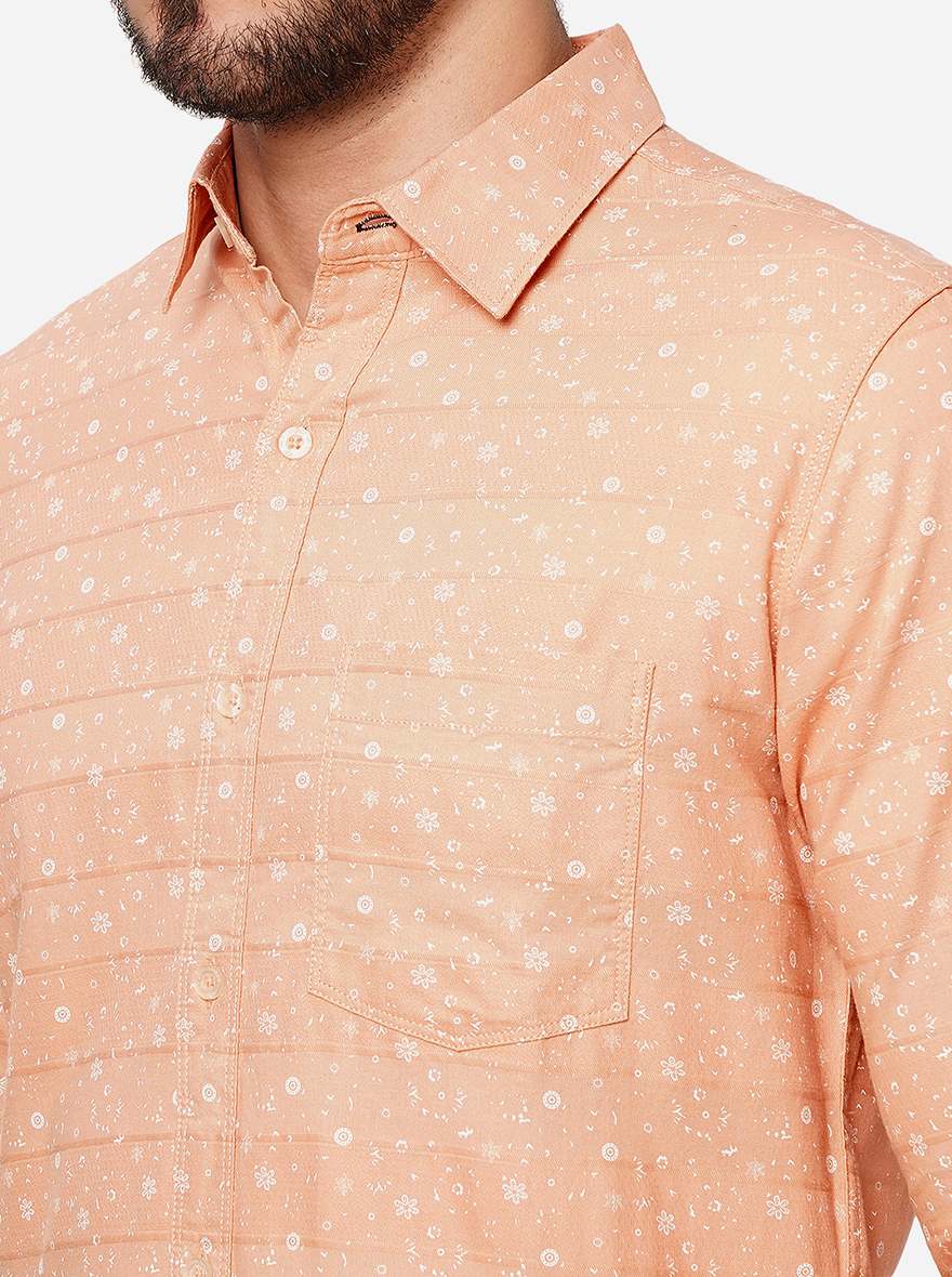 Peach Printed Slim Fit Casual Shirt | JadeBlue