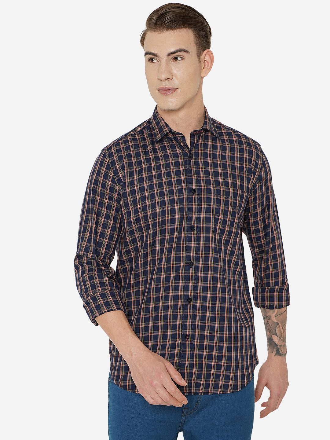 Navy Blue Checked Slim Fit Casual Shirt | JadeBlue