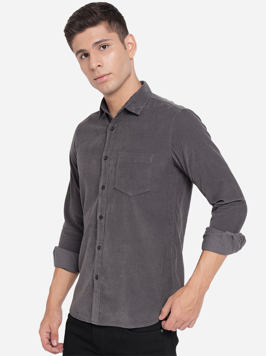 Dark Grey Solid Slim Fit Semi Casual Shirt | JadeBlue