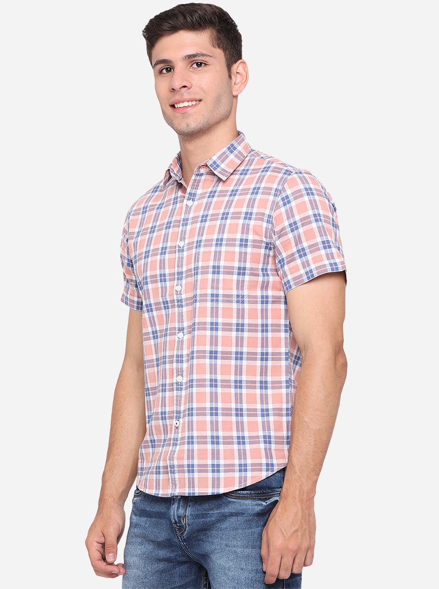 Peach & Blue Checked Slim Fit Semi Casual Shirt | Greenfibre