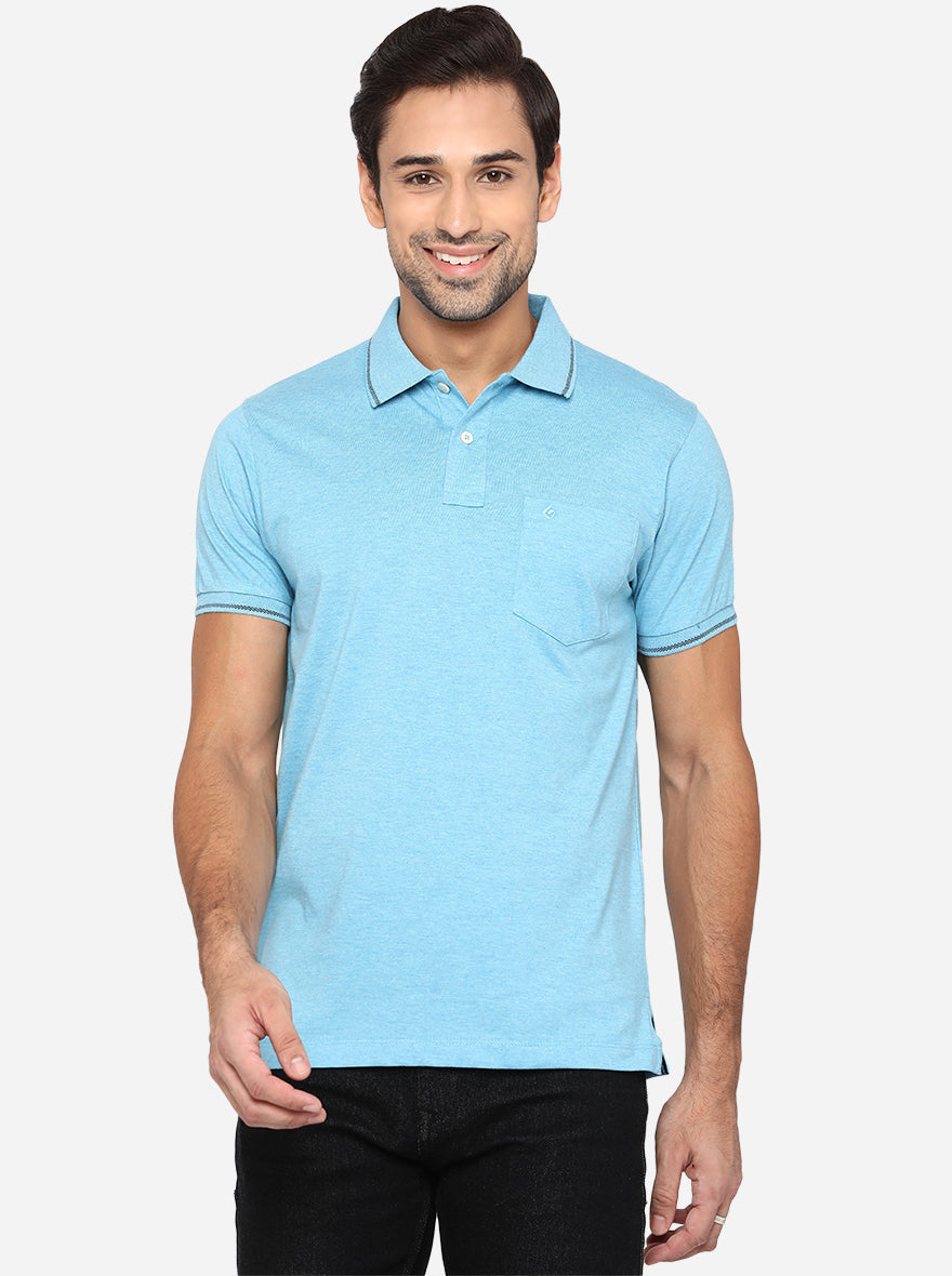 Sky Blue Solid Slim Fit Polo T-Shirt | Greenfibre