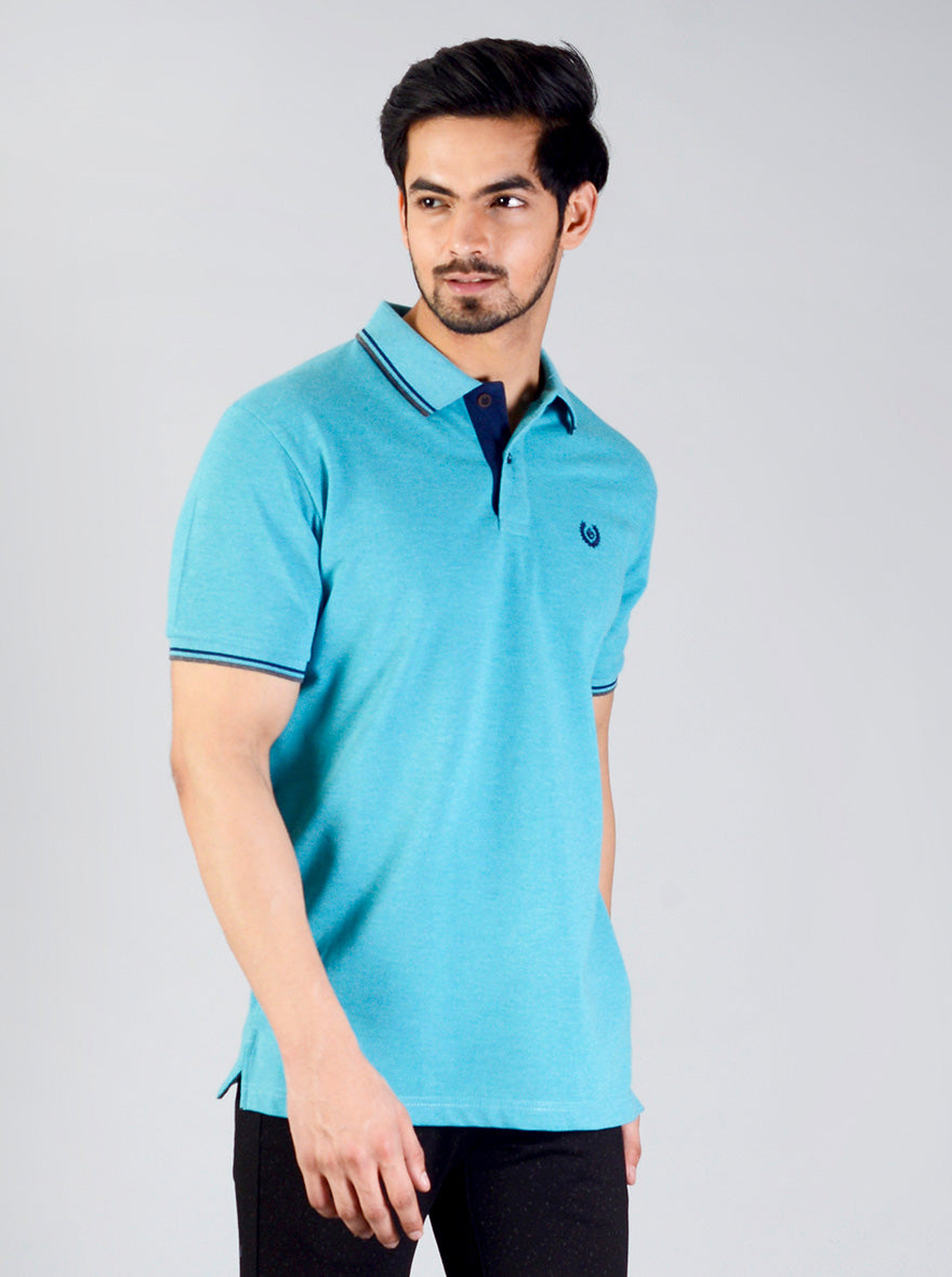 Aqua Blue Solid Slim Fit Polo T-shirt | Greenfibre