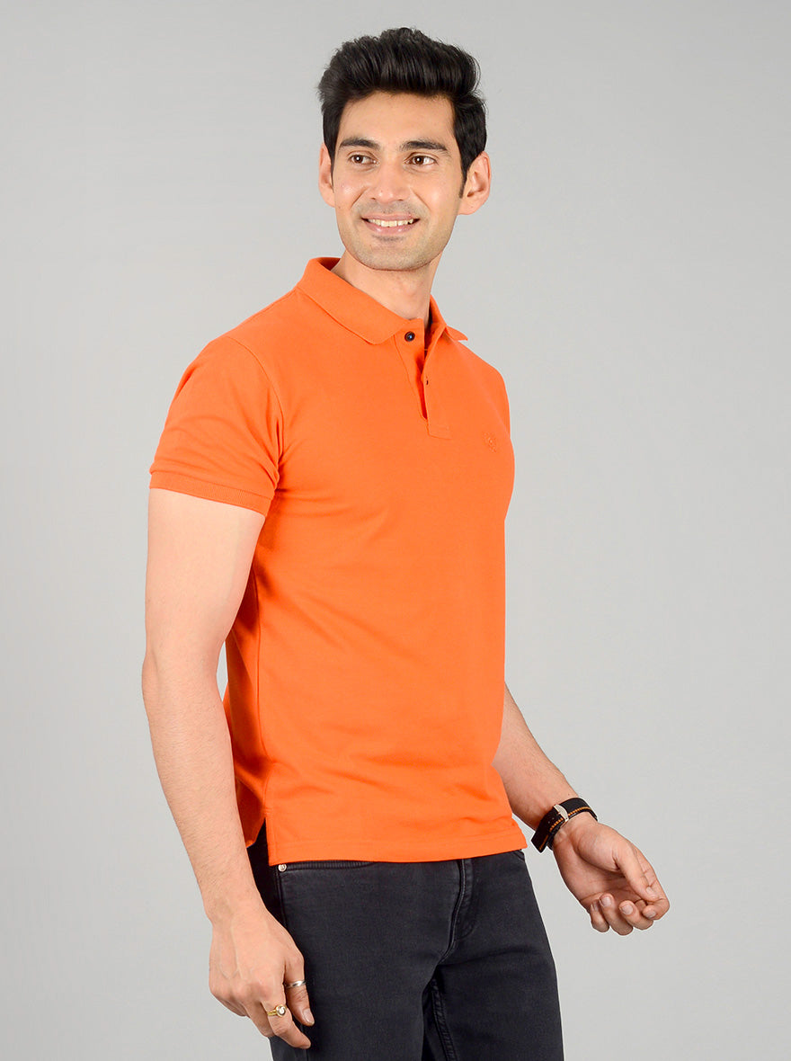 Bright Orange Solid Slim Fit Polo T-shirt | Greenfibre
