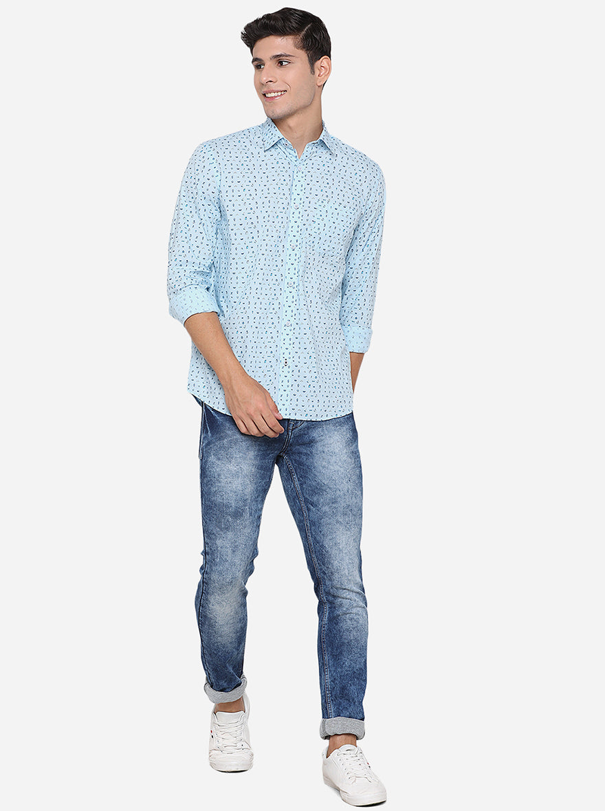 Sky Blue Printed Slim Fit Casual Shirt | JadeBlue