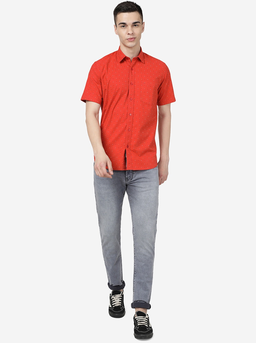 Red Clay Printed Slim Fit Semi Casual Shirt | JadeBlue
