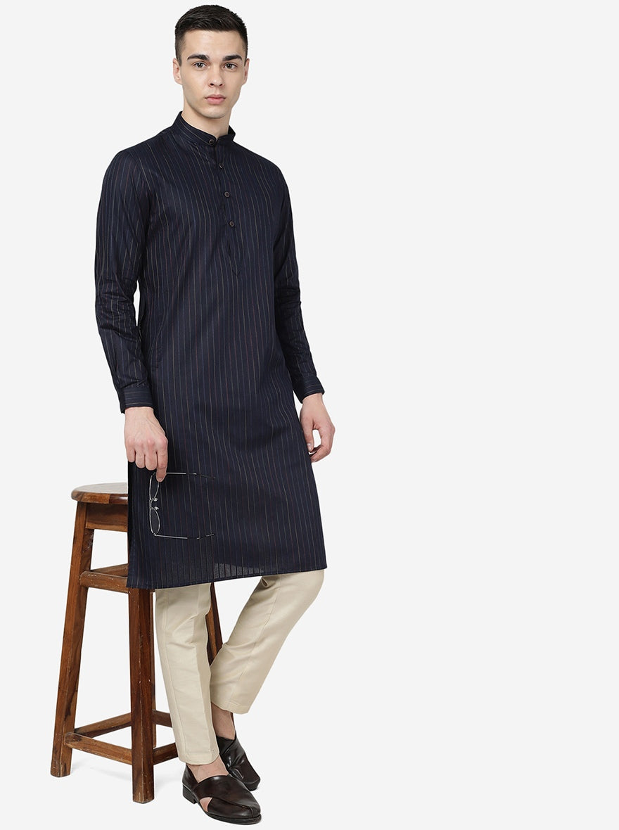 Mid Night Blue Striped Regular Fit Modi Kurta | JadeBlue
