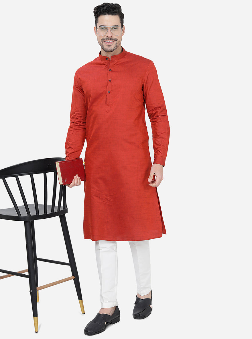 Red Solid Regular Fit Modi Kurta | JadeBlue