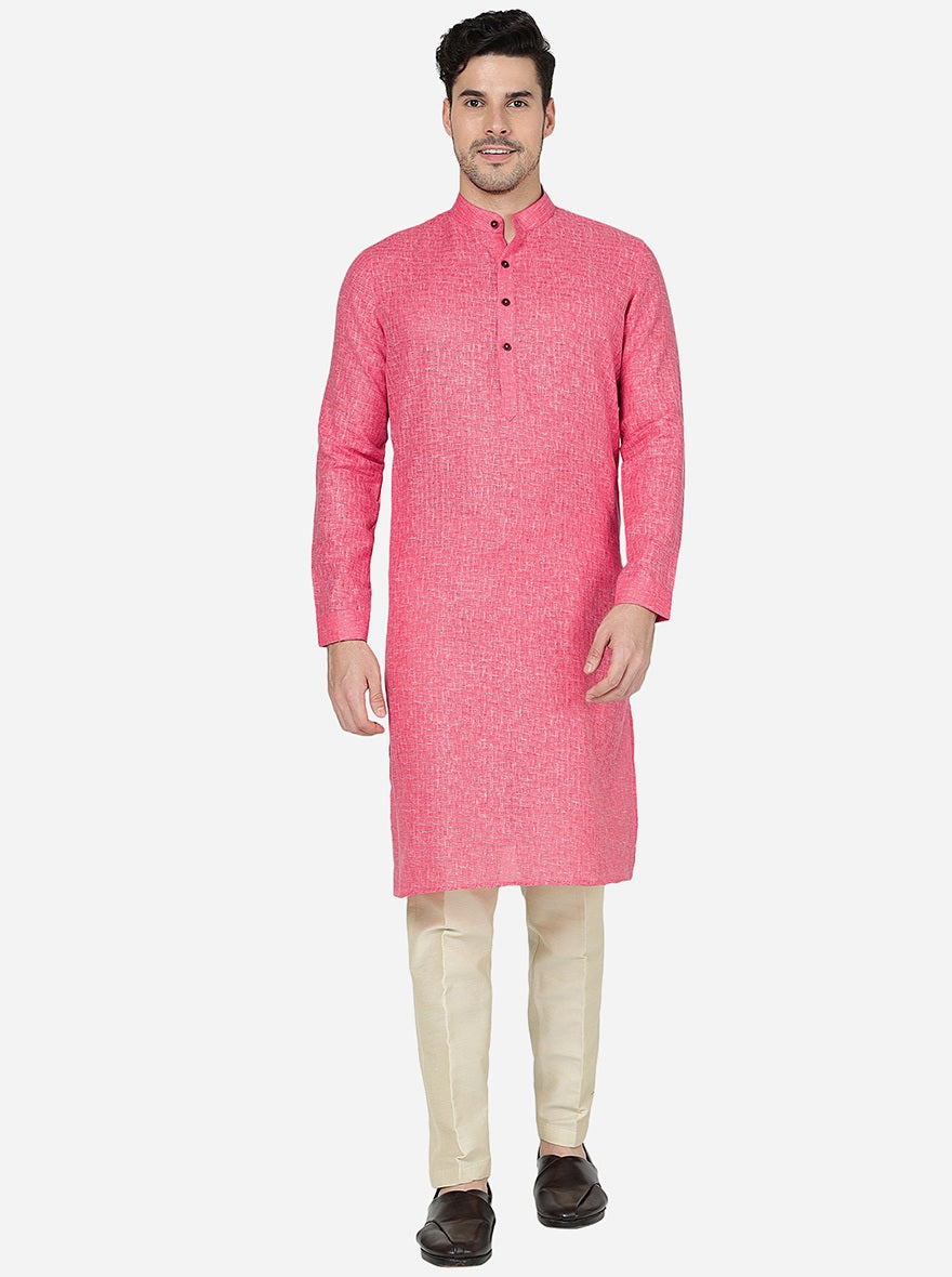 Pink Checked Regular Fit Modi Kurta | JadeBlue