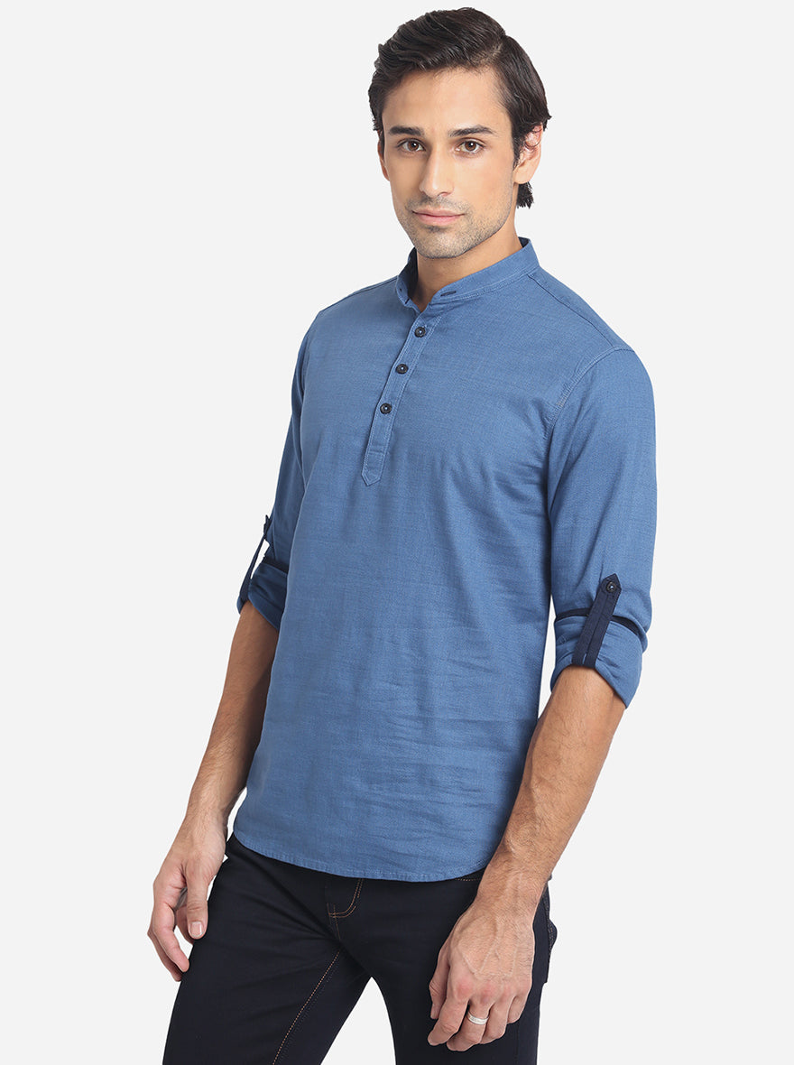 Ashes Blue Solid Slim Fit Short Kurta | Greenfibre