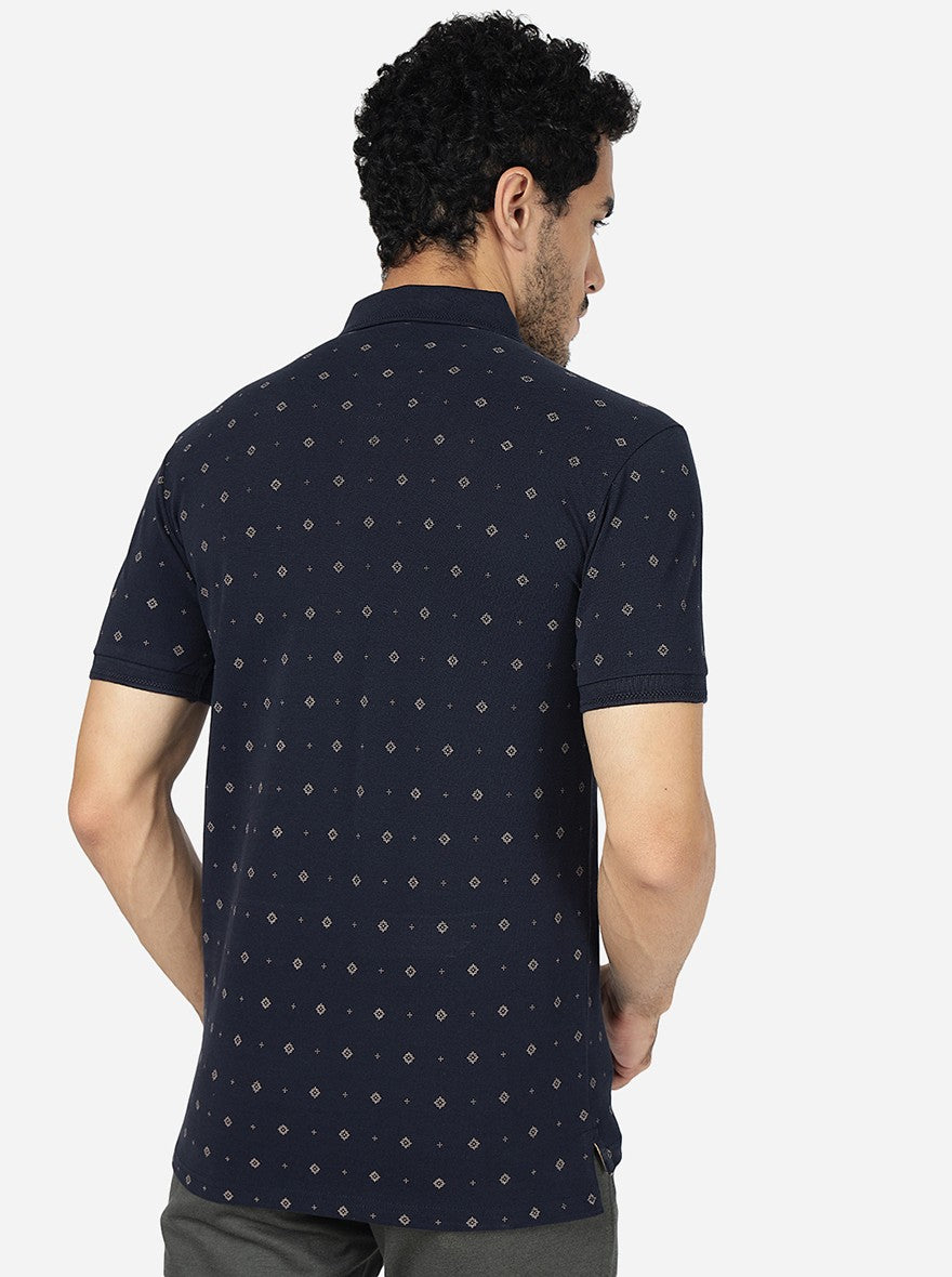 Navy Blue Printed Slim Fit Polo T-Shirt | JadeBlue